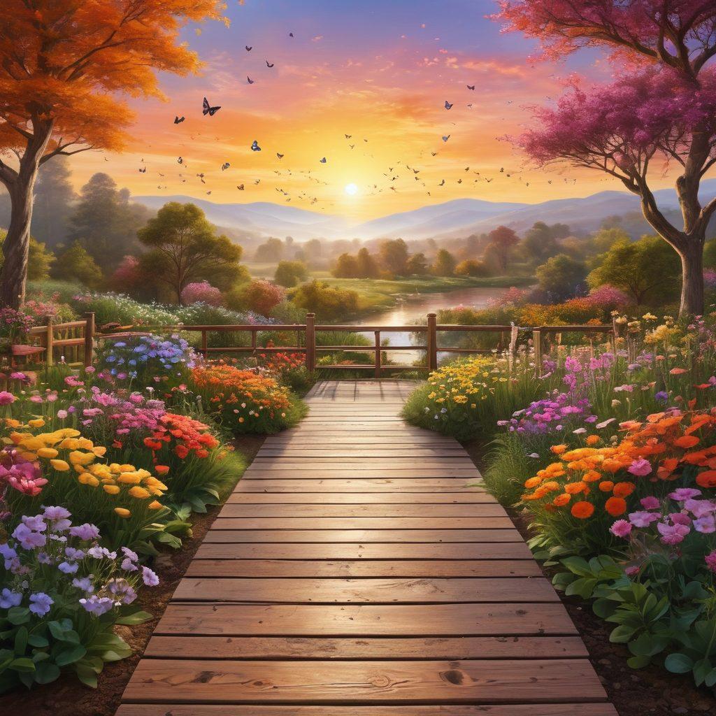 A serene landscape featuring a blossoming garden filled with vibrant flowers, fluttering butterflies, and a gentle stream. In the foreground, a person meditating on a wooden deck, surrounded by uplifting quotes and symbols of growth like sprouts and sunrises. The sky is painted in warm hues of sunrise, symbolizing new beginnings and joy. super-realistic. vibrant colors. calming atmosphere.