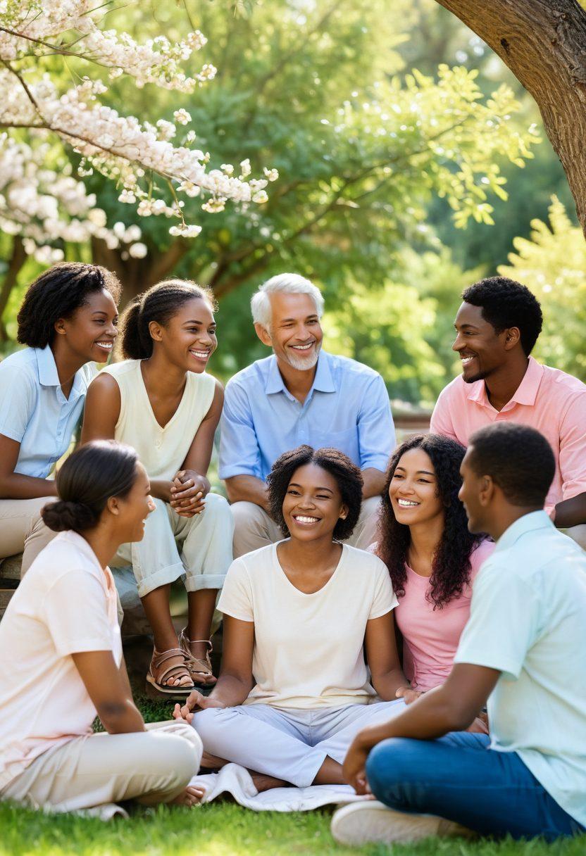 A diverse group of people sitting in a circle, engaged in a heartfelt discussion, sharing smiles and support. The backdrop shows a serene park with blooming flowers, emphasizing a sense of peace and connection. Soft sunlight filters through trees, creating a warm, inviting atmosphere. Illustrate various emotions displayed on their faces to represent empathy and understanding. pastel colors. vibrant and warm atmosphere.